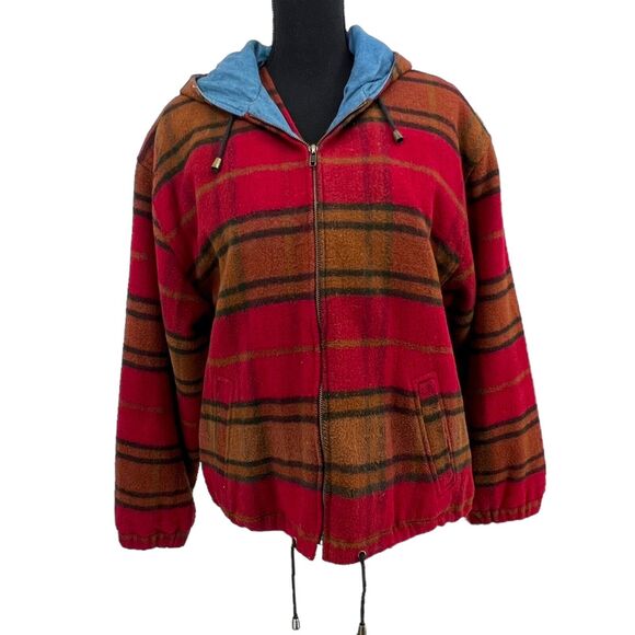 Fleet Street Jackets & Blazers - Fleet Street Sport Wool Blend Hooded Red Plaid Vest Coat Jacket Zipper Medium